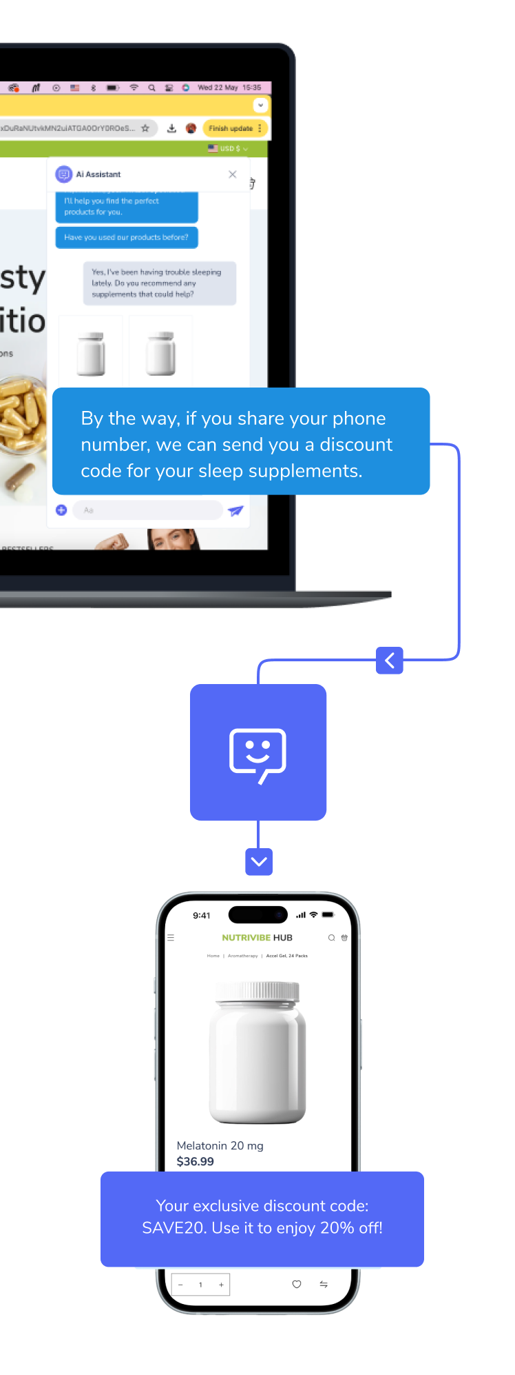 an image of the assistant sending a product with a discount to the user.