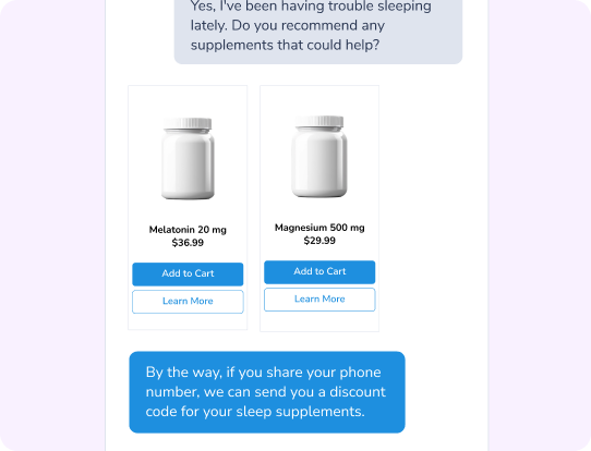 a call to action button to buy a supplement in a chat conversation