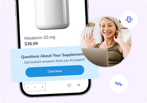 A picture of an user browsing the app, 
                    with the app showing a melatonin supplement with the price, 
                    asking if the user needs help from an AI expert about any questions regarding the supplement