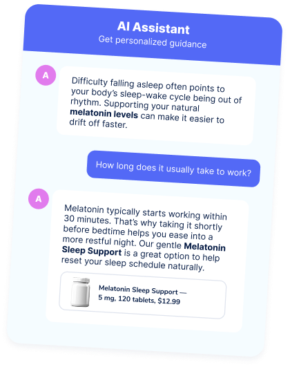 An image of a conversation with an AI assistant and a member. The AI assistant is recomending some melatonin supplements with a call to action button to buy said supplements