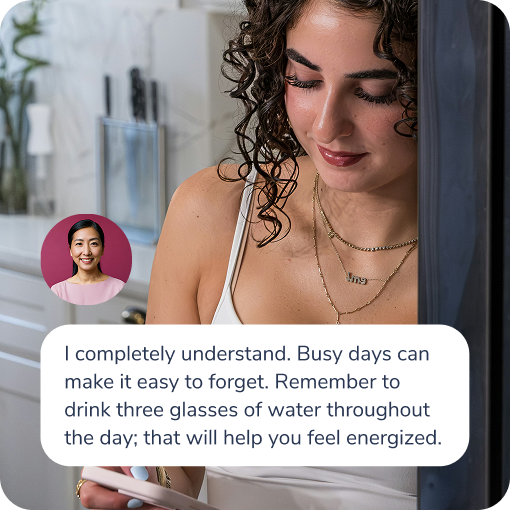 A photo of a woman texting on her phone. On top of the photom there is an icon of a different woman with a chat implying that the woman is texting an AI agent.