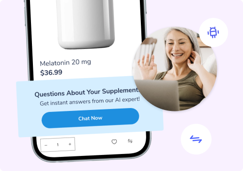 a picture of the app with a highlighted section that has a button to chat with the 
								suggestic AI for any questions regarding the supplements and vitamins