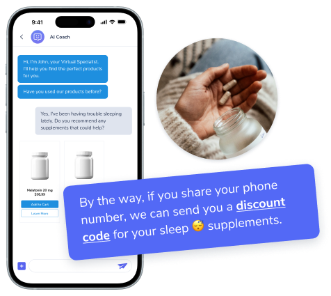 An image of a chat in a mobile app offering a discount code of supplements along with an image of a hand holding two pills