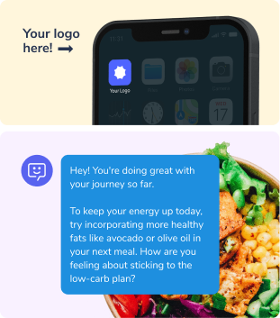 a picture displaying the app launching and a chat message asking the user how they are feeling about sticking to their health journey